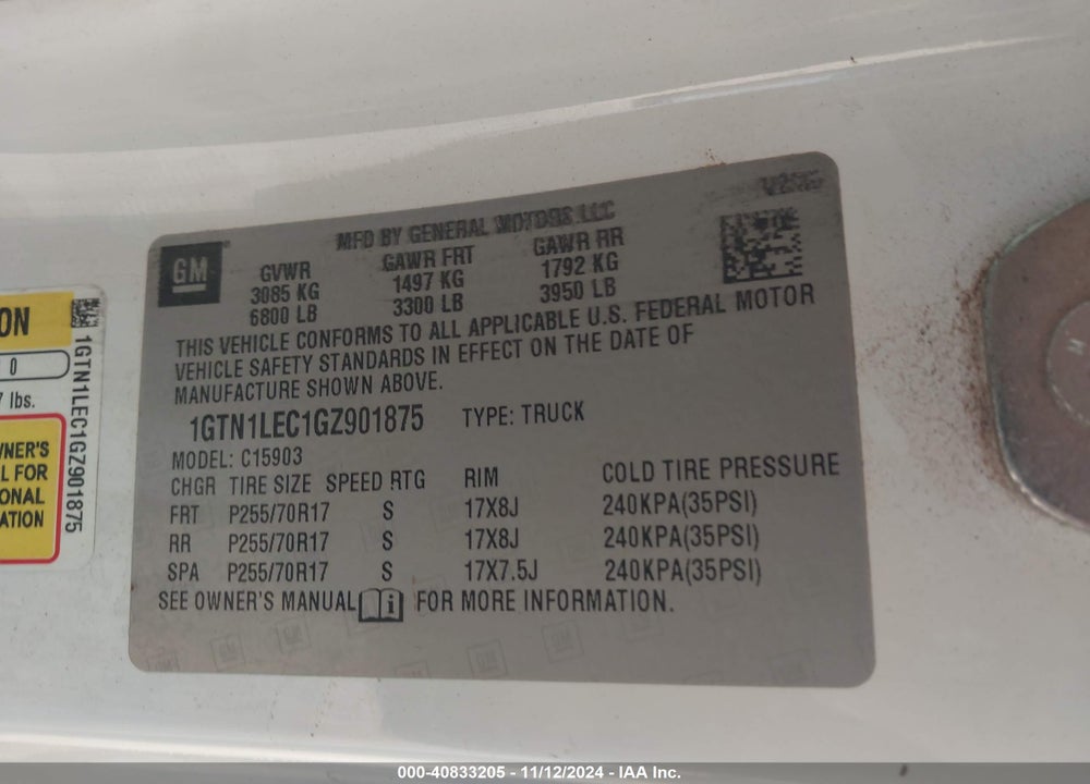 2016 GMC SIERRA 1500 VIN: 1GTN1LEC1GZ901875