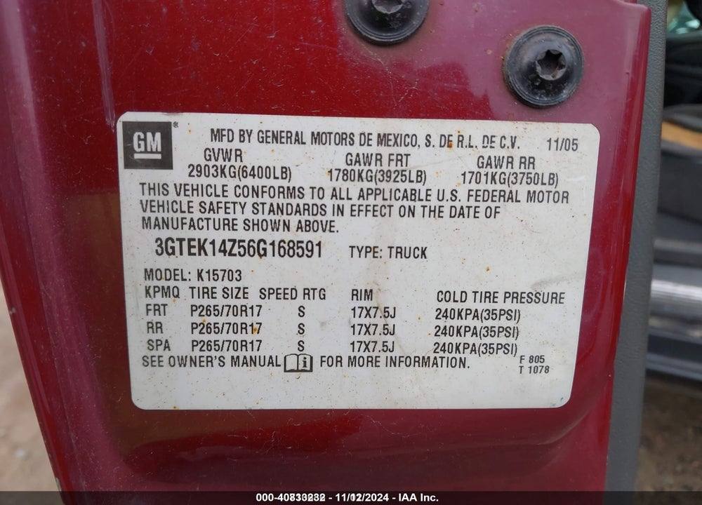 2006 GMC SIERRA 1500 SLE1 VIN: 3GTEK14Z56G168591
