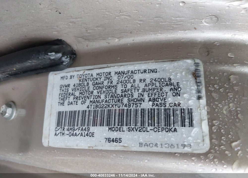 2000 TOYOTA CAMRY CE VIN: 4T1BG22KXYU749757