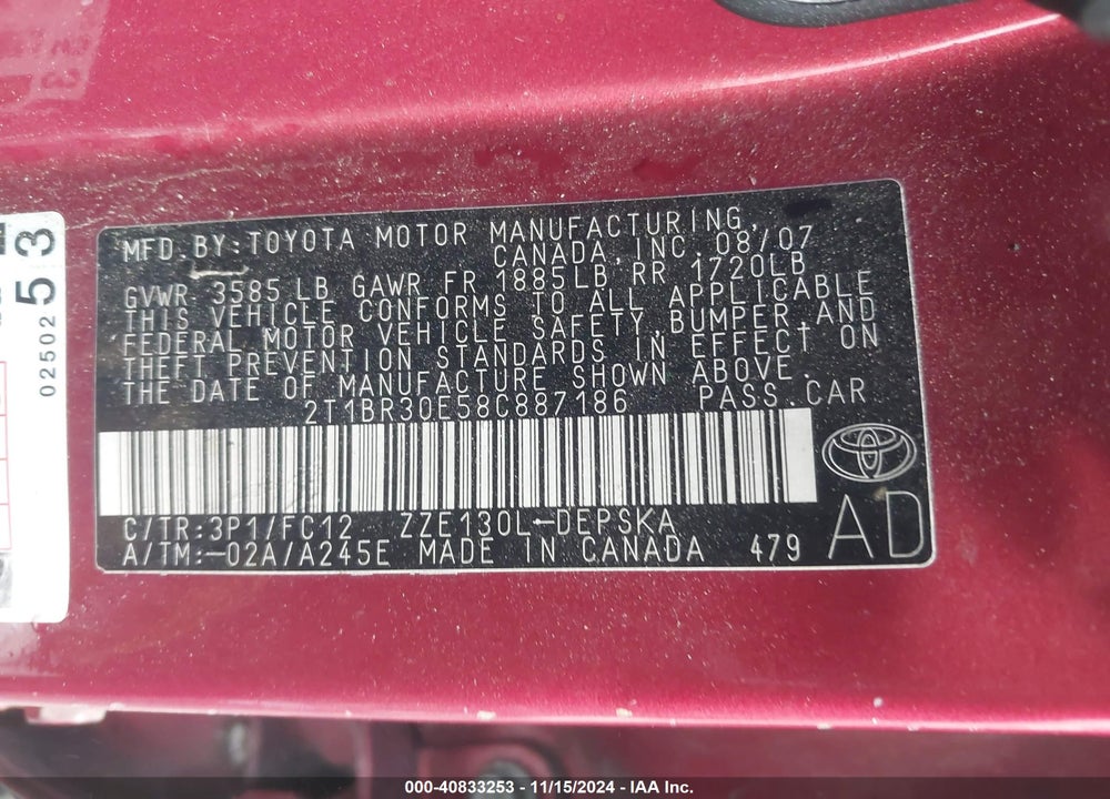 2008 TOYOTA COROLLA S VIN: 2T1BR30E58C887186
