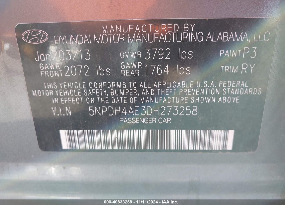 2013 HYUNDAI ELANTRA LIMITED VIN: 5NPDH4AE3DH273258