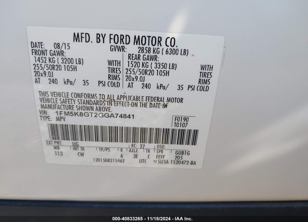 2016 FORD EXPLORER SPORT VIN: 1FM5K8GT2GGA74841