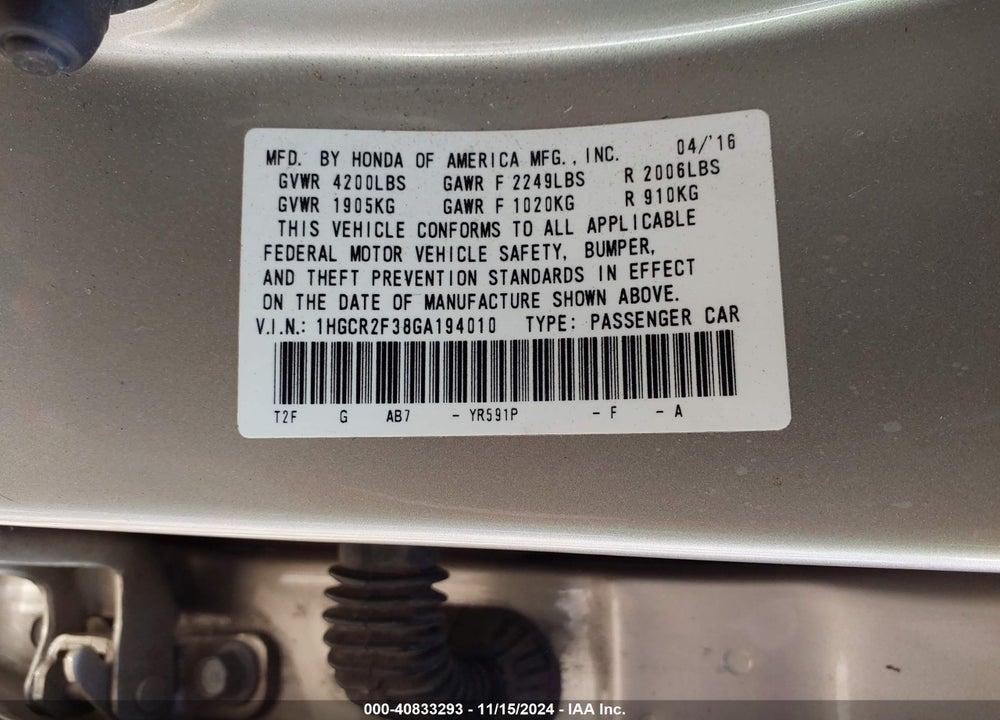 2016 HONDA ACCORD VIN: 1HGCR2F38GA194010
