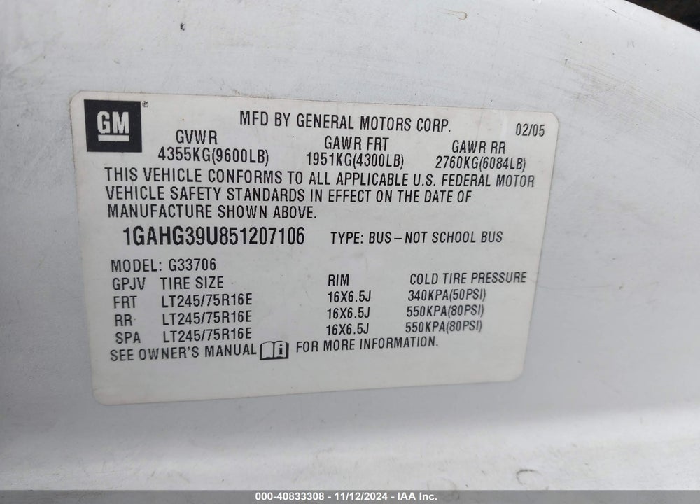 2005 CHEVROLET EXPRESS VIN: 1GAHG39U851207106