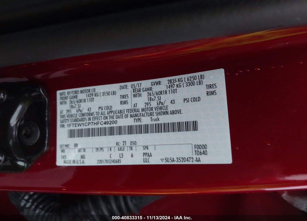 2017 FORD F-150 XLT VIN: 1FTEW1CP7HFC49200