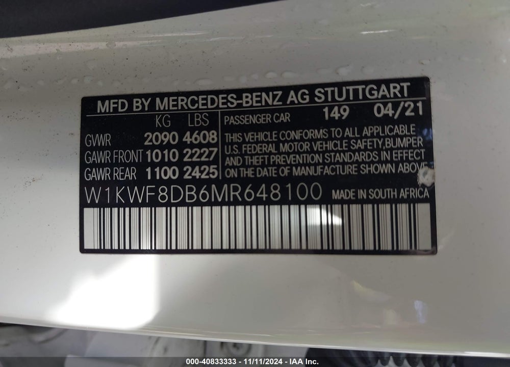 2021 MERCEDES-BENZ C 300 SEDAN VIN: W1KWF8DB6MR648100