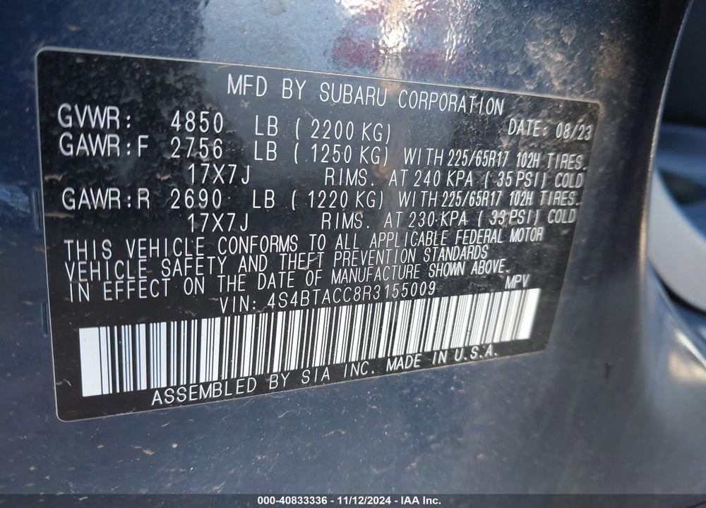 2024 SUBARU OUTBACK PREMIUM VIN: 4S4BTACC8R3155009