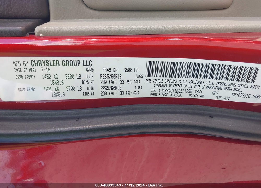 2011 JEEP GRAND CHEROKEE LAREDO VIN: 1J4RR4GT1BC511250