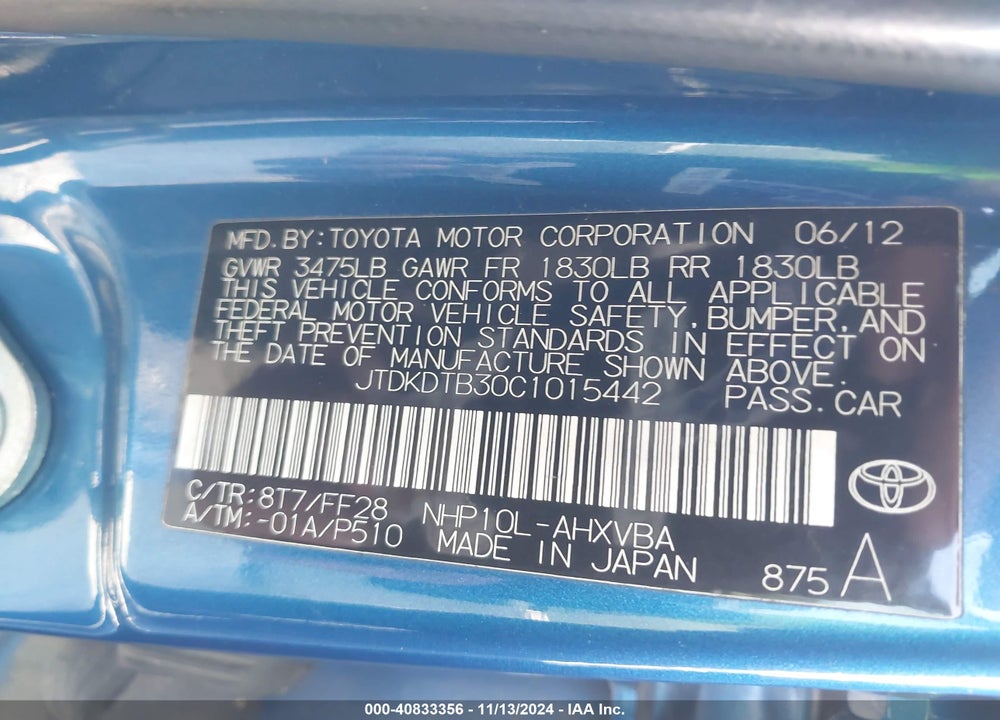2012 TOYOTA PRIUS C TWO VIN: JTDKDTB30C1015442