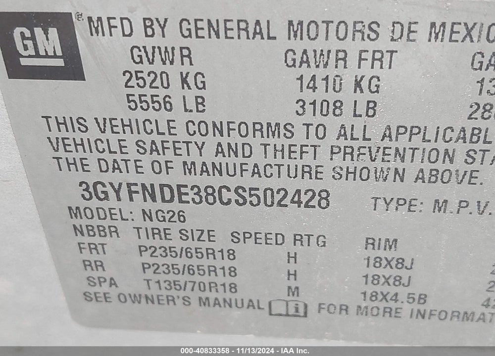 2012 CADILLAC SRX VIN: 3GYFNDE38CS502428