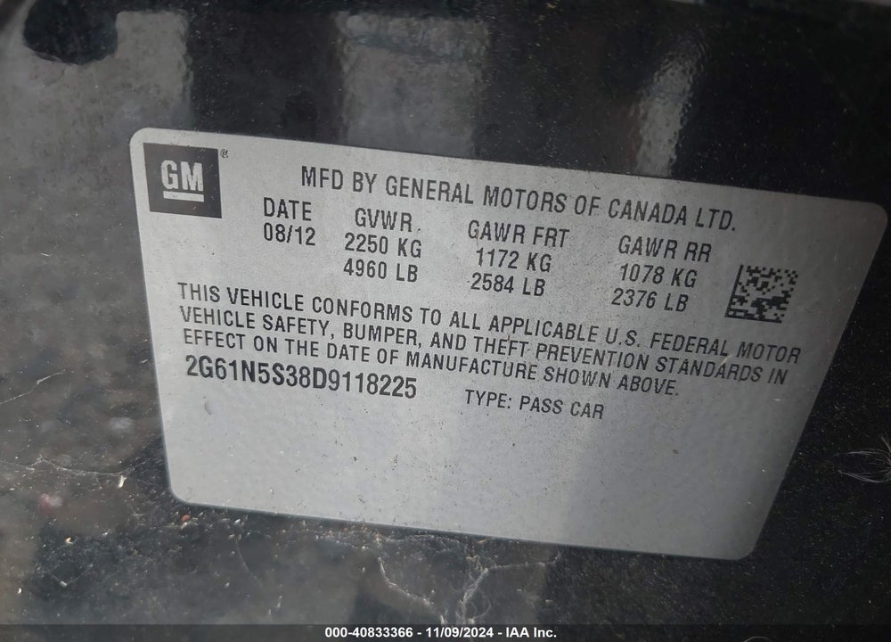 2013 CADILLAC XTS STANDARD VIN: 2G61N5S38D9118225