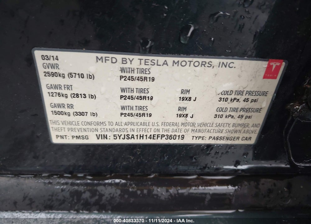 2014 TESLA MODEL S P85 VIN: 5YJSA1H14EFP36019