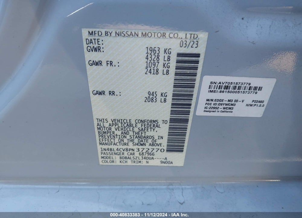 2023 NISSAN ALTIMA SR FWD VIN: 1N4BL4CV8PN372770