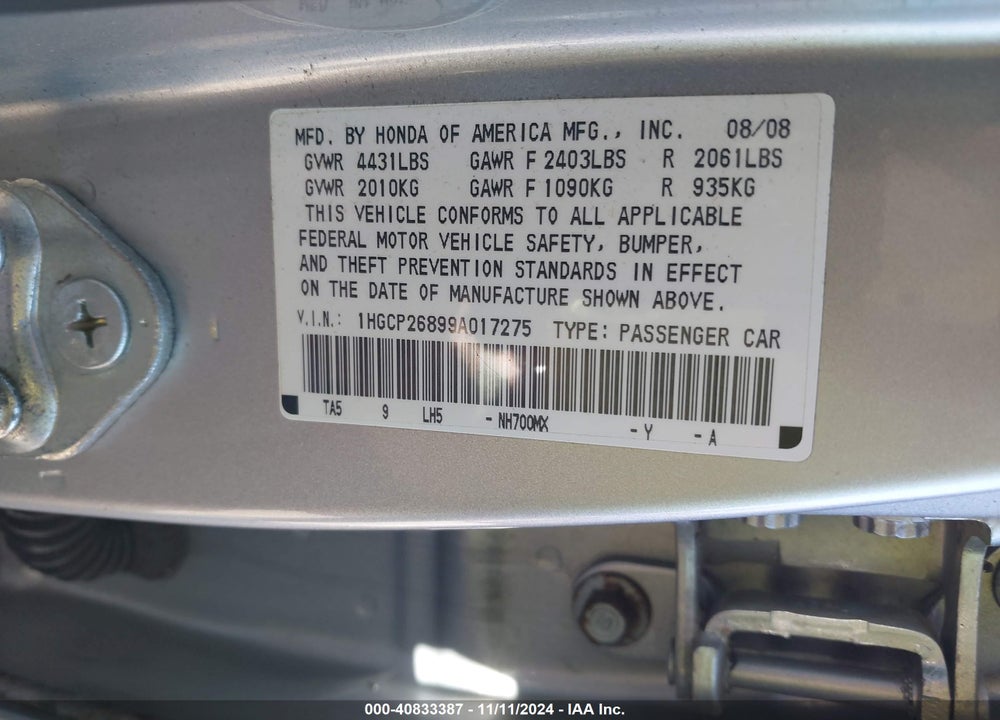2009 HONDA ACCORD 2.4 EX-L VIN: 1HGCP26899A017275