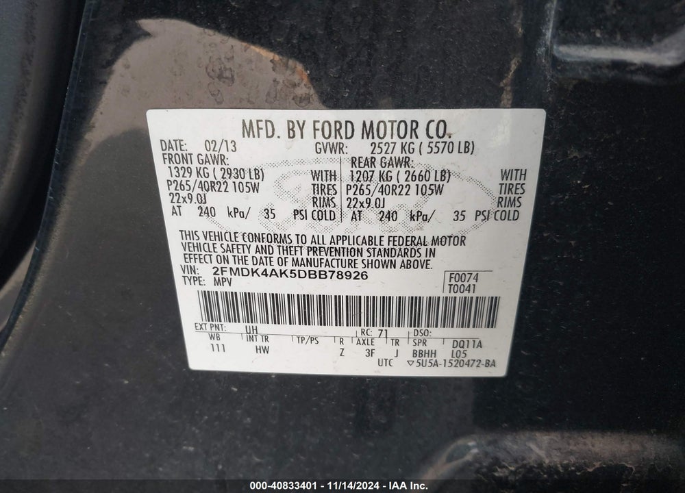 2013 FORD EDGE SPORT VIN: 2FMDK4AK5DBB78926