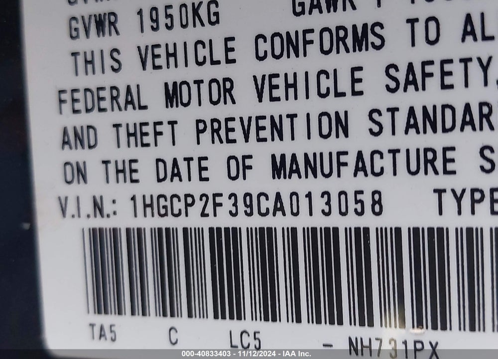 2012 HONDA ACCORD 2.4 LX VIN: 1HGCP2F39CA013058