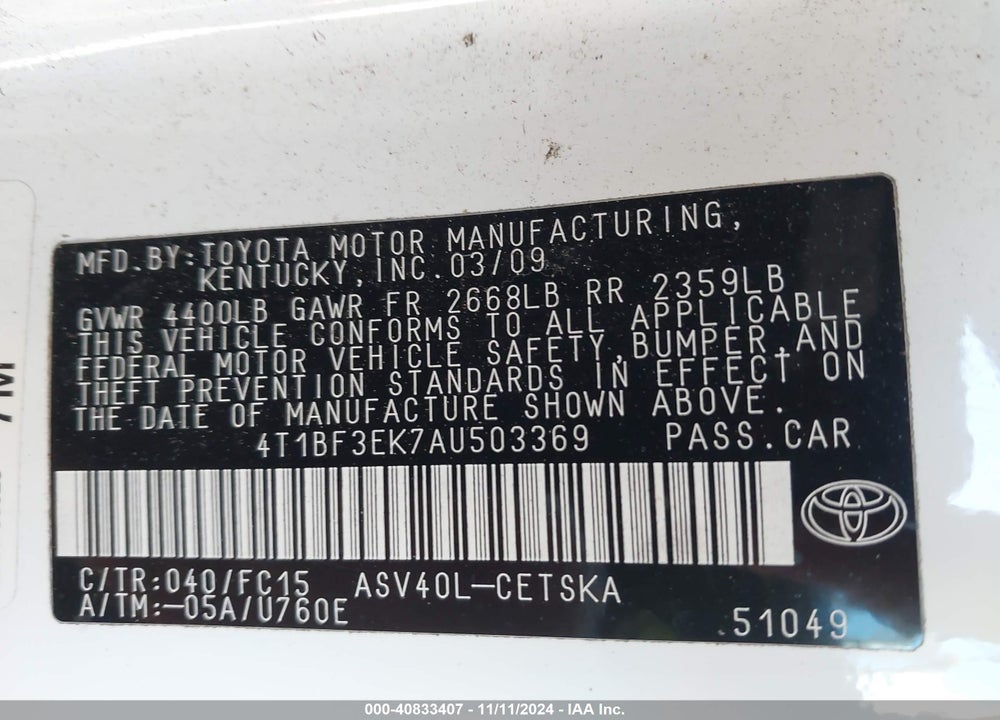 2010 TOYOTA CAMRY SE VIN: 4T1BF3EK7AU503369