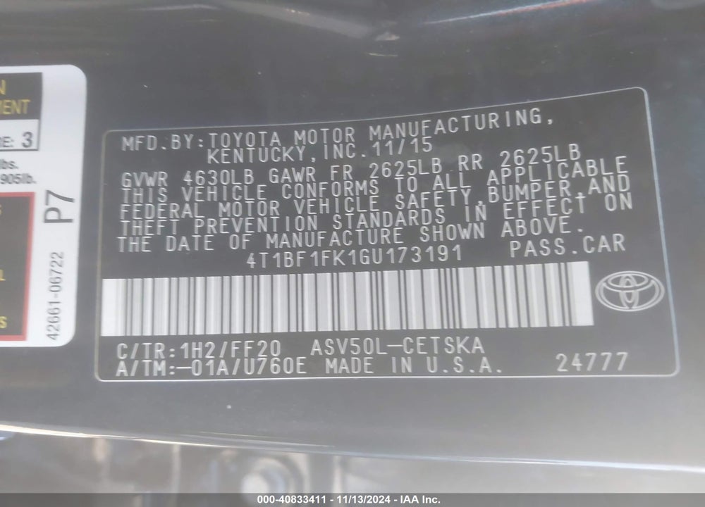 2016 TOYOTA CAMRY SE VIN: 4T1BF1FK1GU173191