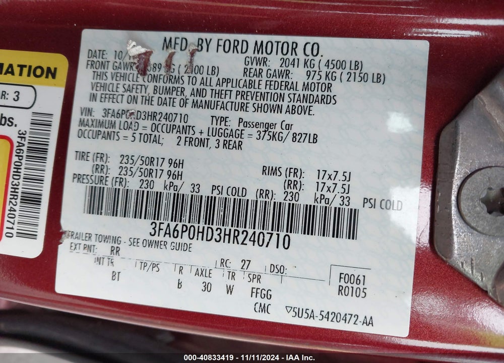 2017 FORD FUSION SE VIN: 3FA6P0HD3HR240710