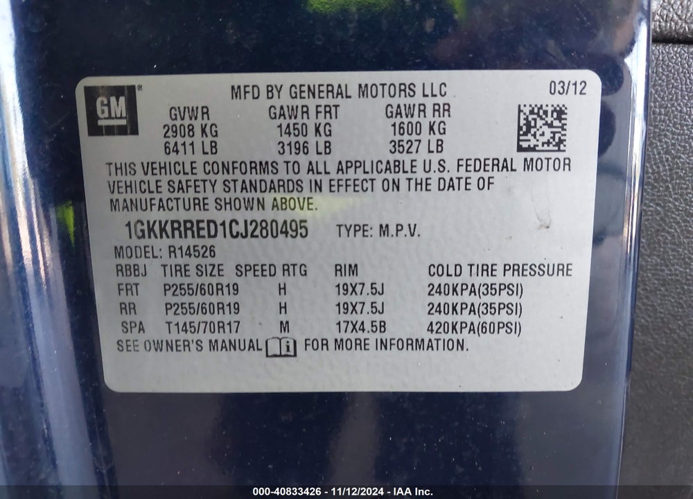 2012 GMC ACADIA SLT-1 VIN: 1GKKRRED1CJ280495