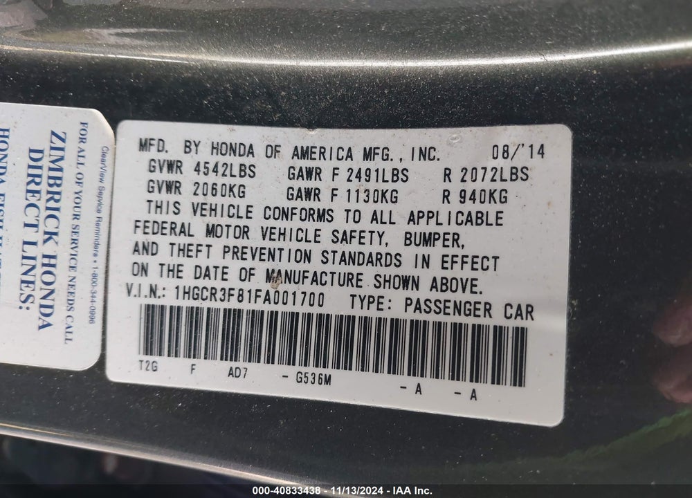 2015 HONDA ACCORD EX-L V-6 VIN: 1HGCR3F81FA001700