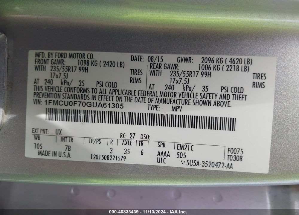 2016 FORD ESCAPE S VIN: 1FMCU0F70GUA61305