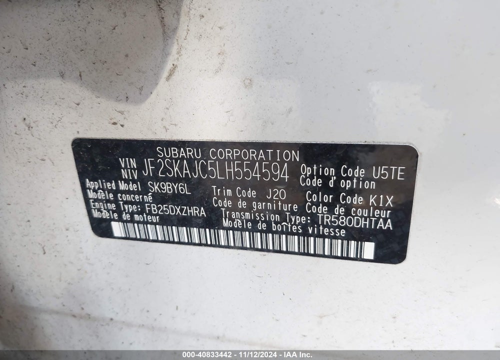 2020 SUBARU FORESTER PREMIUM VIN: JF2SKAJC5LH554594