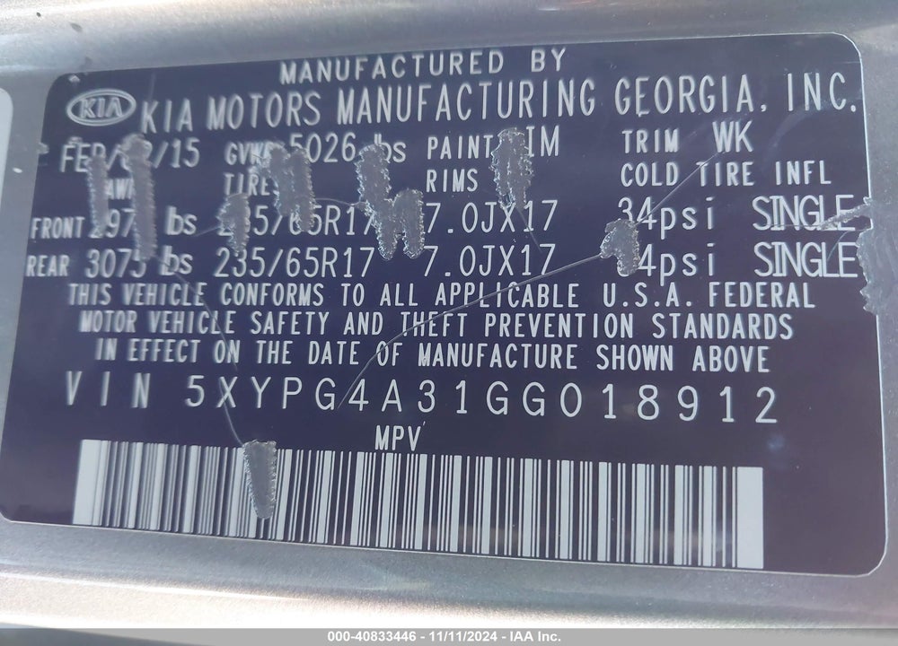 2016 KIA SORENTO VIN: 5XYPG4A31GG018912