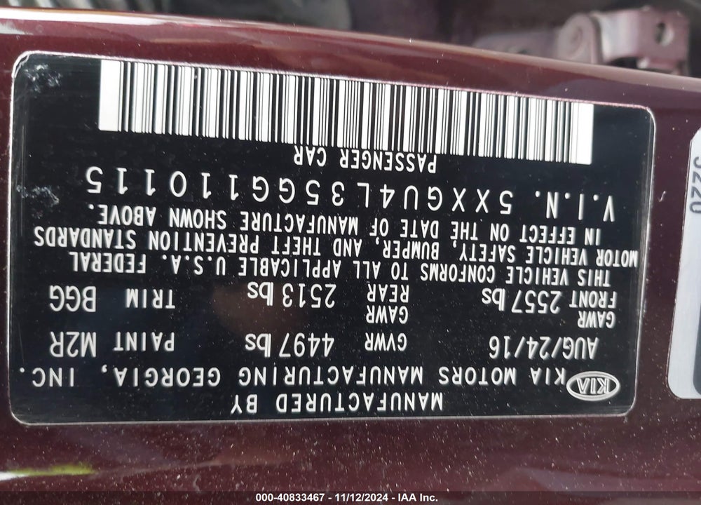 2016 KIA OPTIMA EX VIN: 5XXGU4L35GG110115