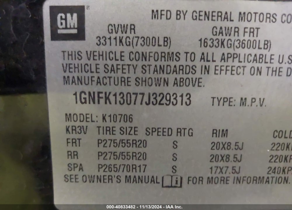 2007 CHEVROLET TAHOE LTZ VIN: 1GNFK13077J329313