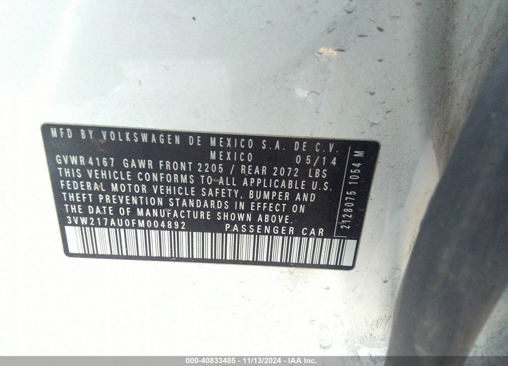 2015 VOLKSWAGEN GOLF TSI SE 4-DOOR VIN: 3VW217AU0FM004892