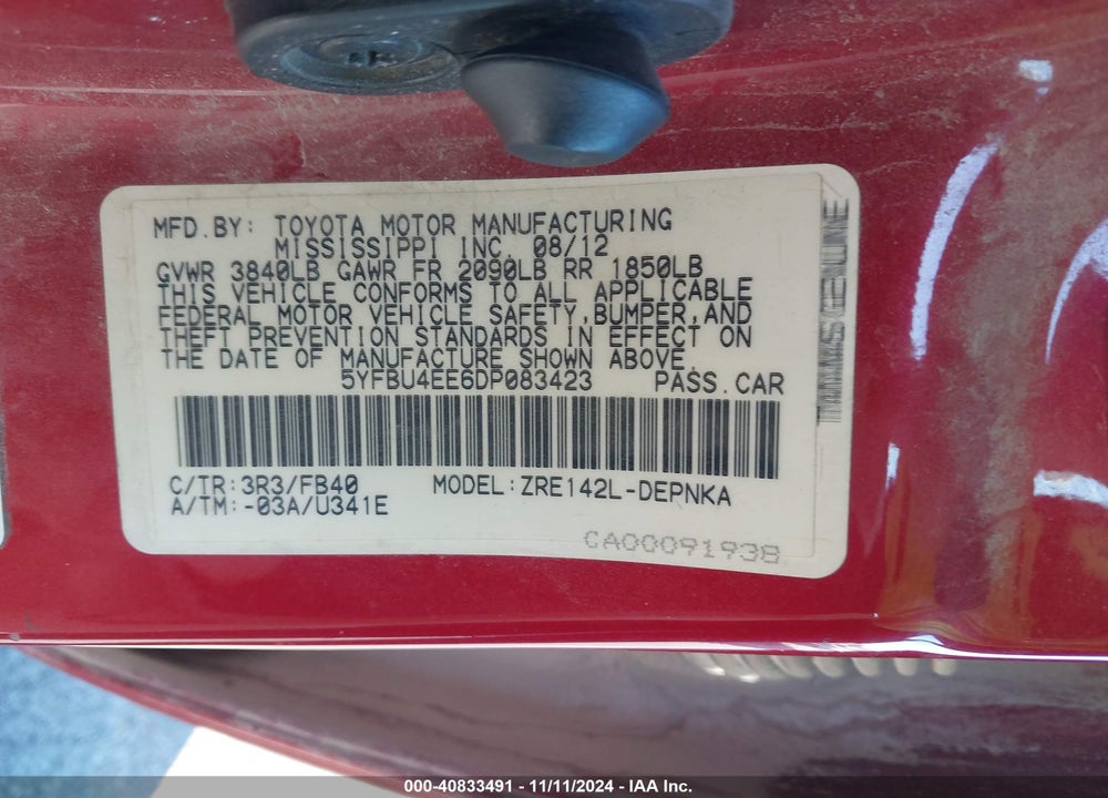 2013 TOYOTA COROLLA LE VIN: 5YFBU4EE6DP083423
