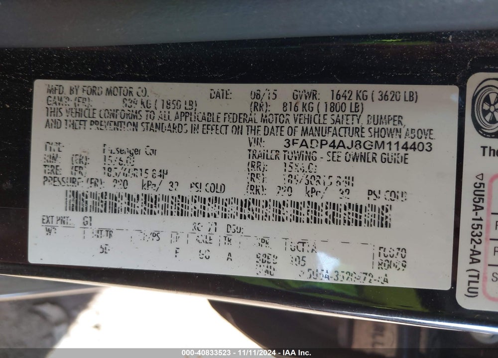 2016 FORD FIESTA VIN: 3FADP4AJ8GM114403