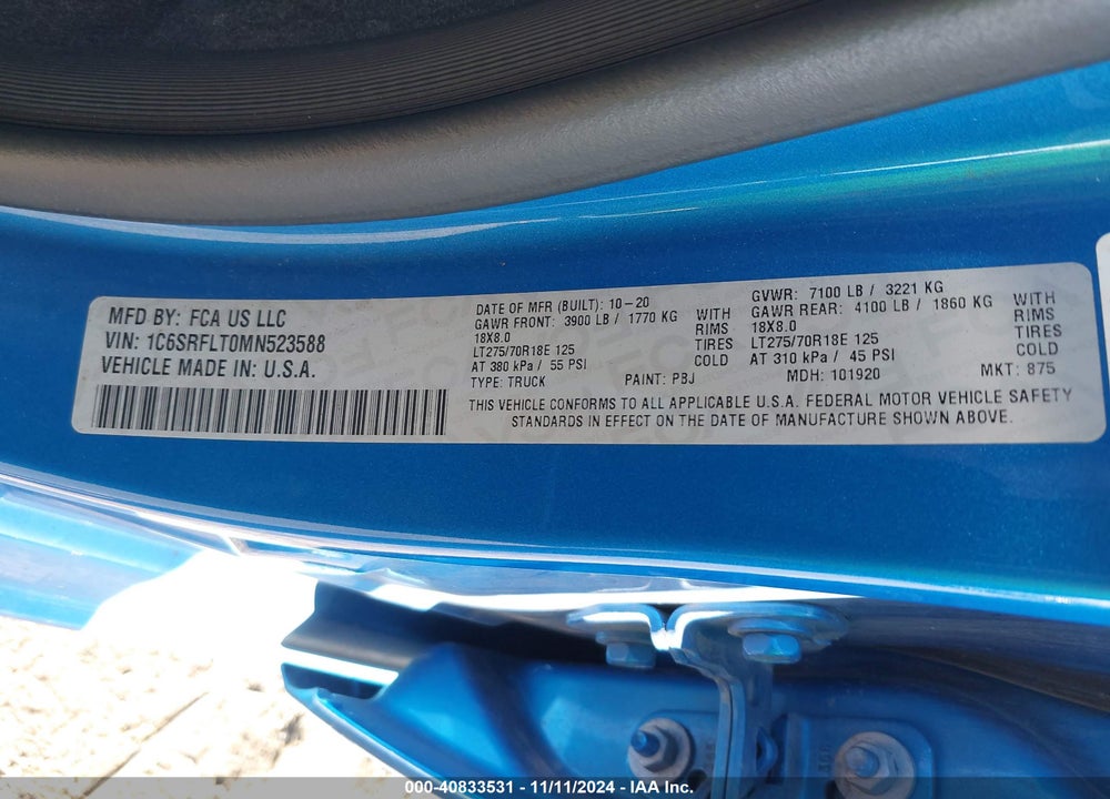 2021 RAM 1500 REBEL 4X4 5'7 BOX VIN: 1C6SRFLT0MN523588