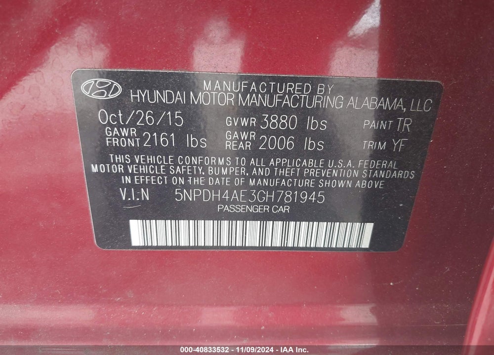 2016 HYUNDAI ELANTRA SE VIN: 5NPDH4AE3GH781945