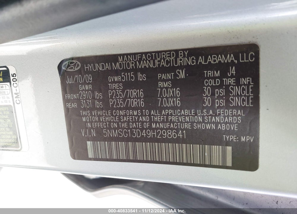 2009 HYUNDAI SANTA FE GLS VIN: 5NMSG13D49H298641