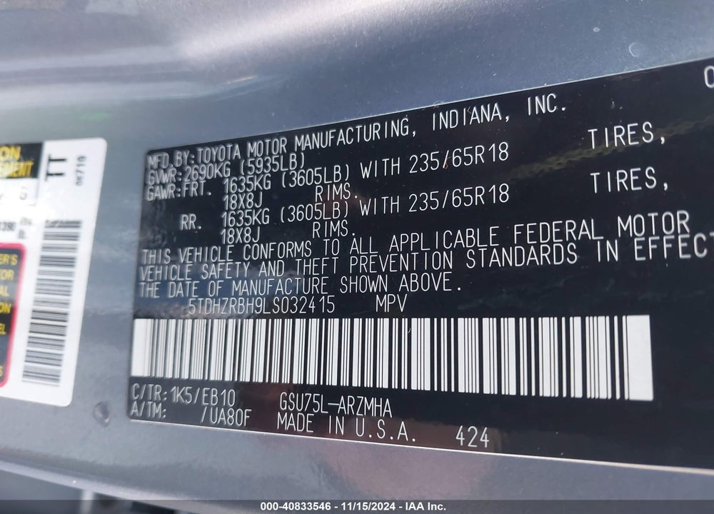2020 TOYOTA HIGHLANDER XLE VIN: 5TDHZRBH9LS032415