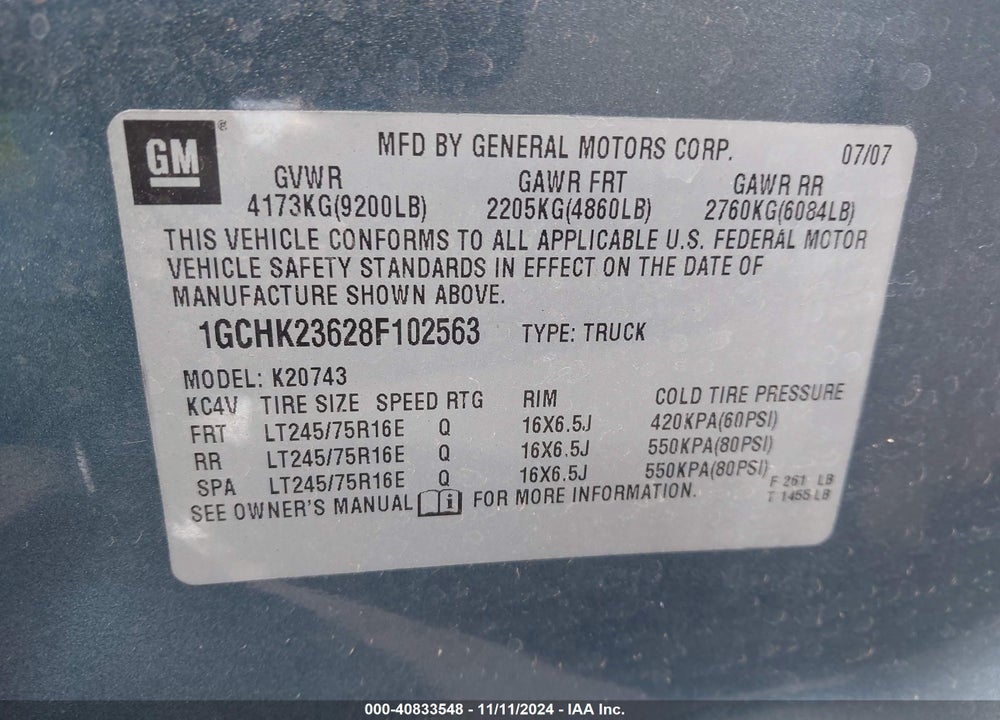 2008 CHEVROLET SILVERADO 2500HD LT1 VIN: 1GCHK23628F102563