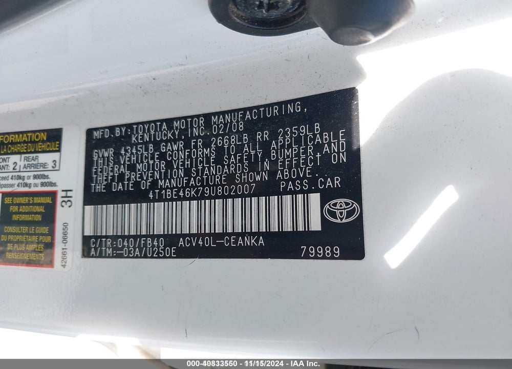 2009 TOYOTA CAMRY LE VIN: 4T1BE46K79U802007