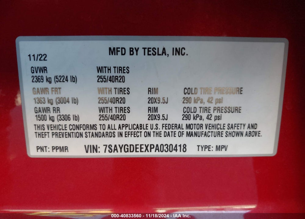 2023 TESLA MODEL Y VIN: 7SAYGDEEXPA030418