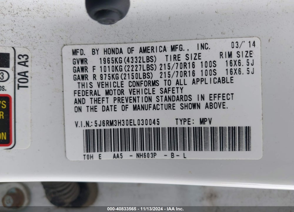 2014 HONDA CR-V LX VIN: 5J6RM3H30EL030045