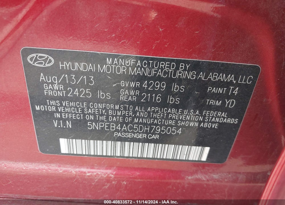 2013 HYUNDAI SONATA GLS VIN: 5NPEB4AC5DH795054