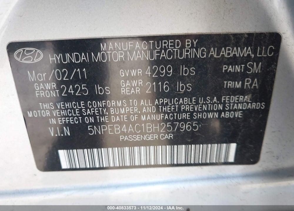 2011 HYUNDAI SONATA GLS VIN: 5NPEB4AC1BH257965