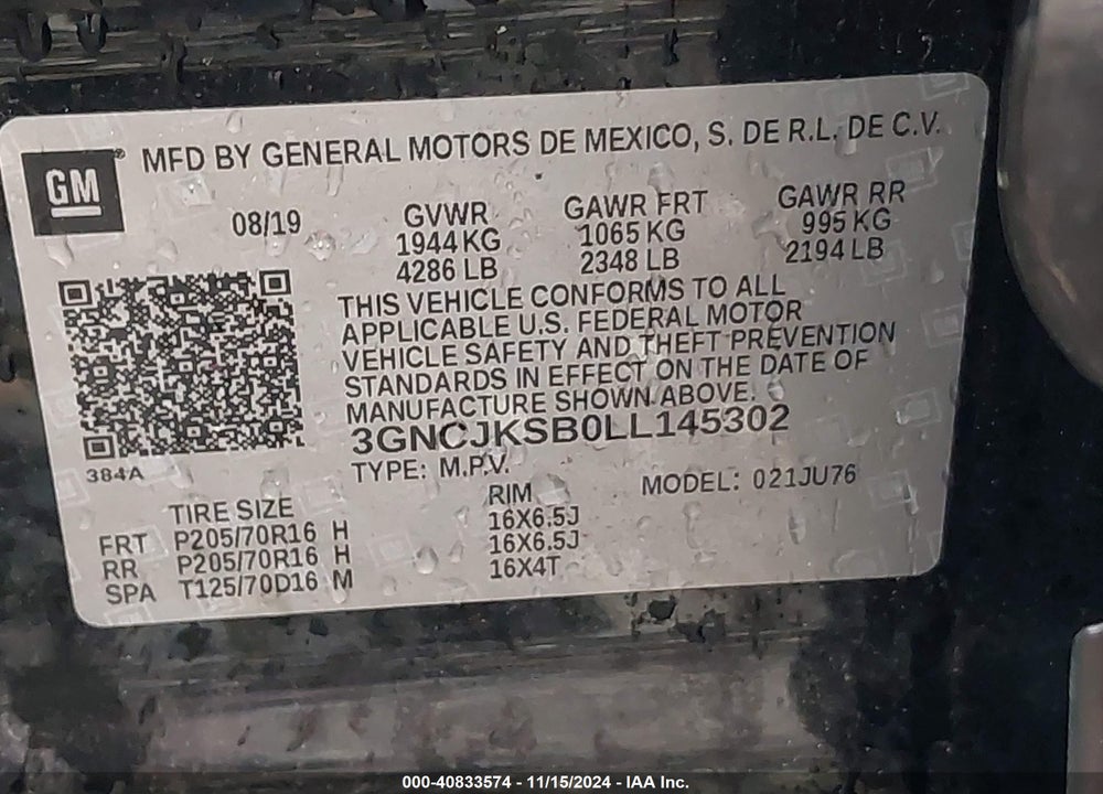 2020 CHEVROLET TRAX FWD LS VIN: 3GNCJKSB0LL145302