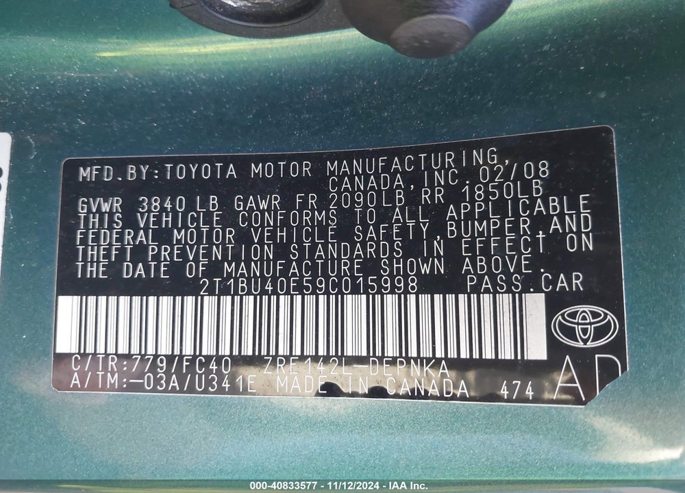 2009 TOYOTA COROLLA XLE VIN: 2T1BU40E59C015998