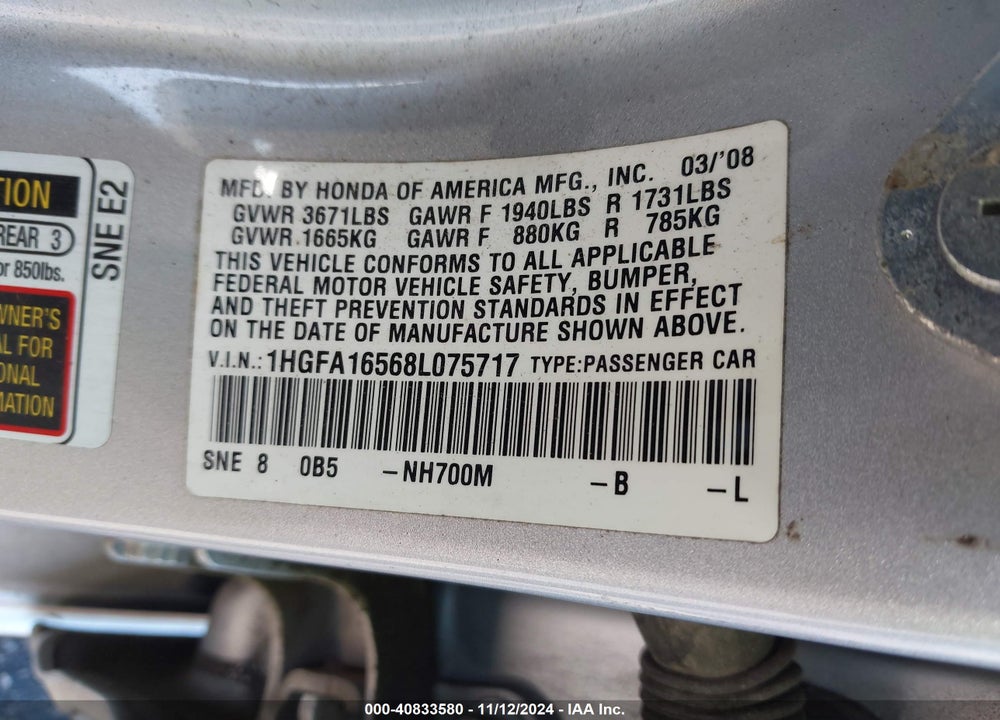 2008 HONDA CIVIC LX VIN: 1HGFA16568L075717