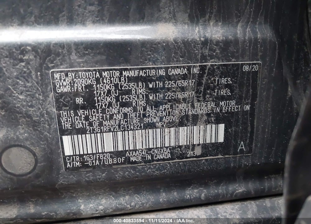 2020 TOYOTA RAV4 LE VIN: 2T3G1RFV2LC134321