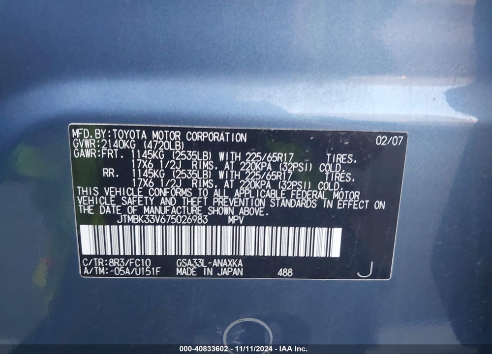 2007 TOYOTA RAV4 BASE V6 VIN: JTMBK33V675026983
