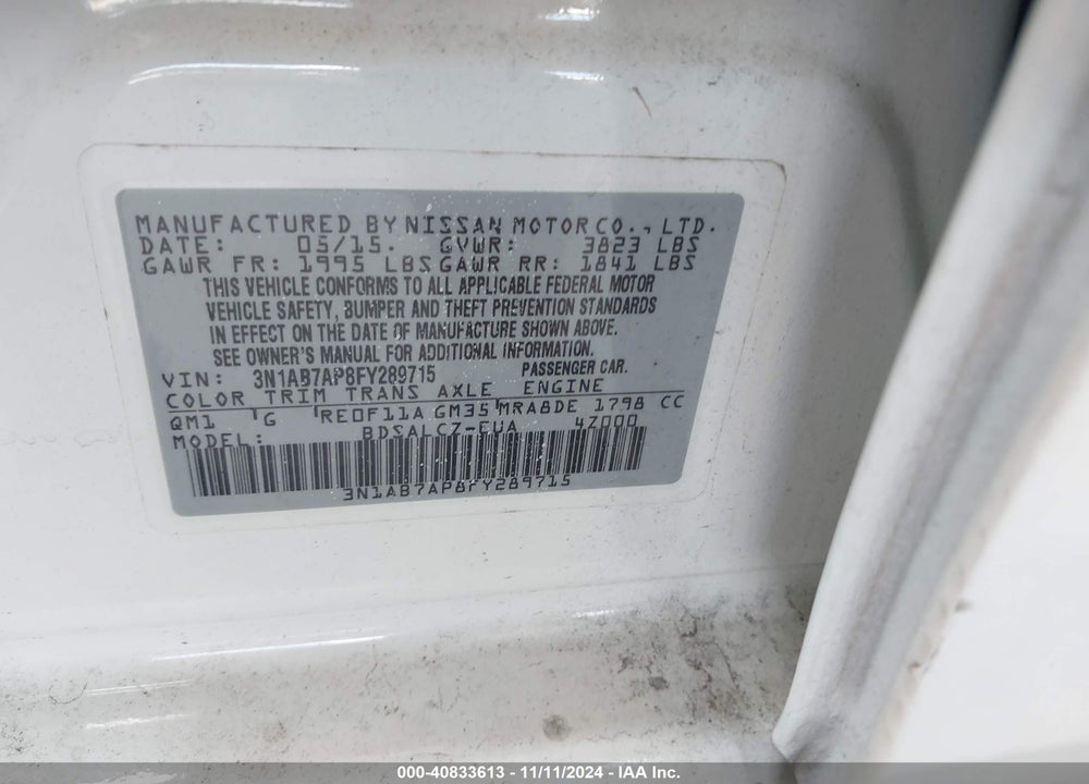 2015 NISSAN SENTRA S VIN: 3N1AB7AP8FY289715