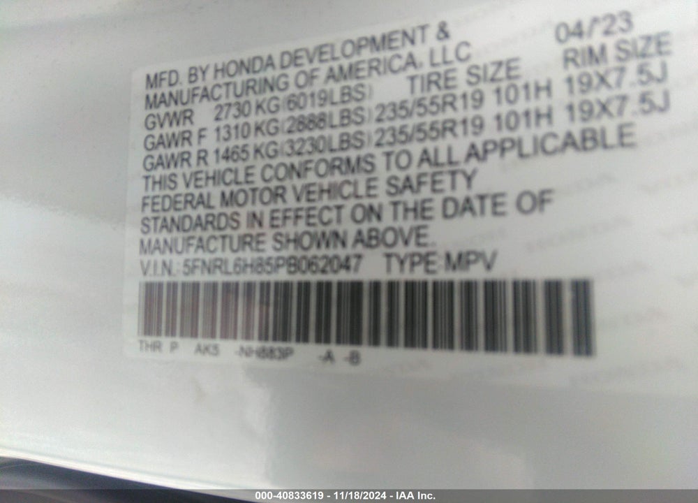 2023 HONDA ODYSSEY TOURING VIN: 5FNRL6H85PB062047